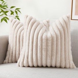 decorUhome Faux Fur Spring Throw Pillow Covers 20x20 Set of 2, Decorative Soft Plush Striped Couch Pillow Covers with Velvet Back for Sofa, Bed, Living Room, Beige