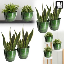 PECZEKO Flower Pot Shiny Plastic Planter Decorative Pot for Large and Small Plants, Set of 2 Flower Pot, Flower Pot Herb Pot, Green, Diameter 16 cm