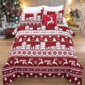 Christmas Duvet Cover Set Reindeer Snowflakes Bedding Soft Microfiber Quilt Duvet Cover with Zipper Closure for Home Decoration (Red, Single)