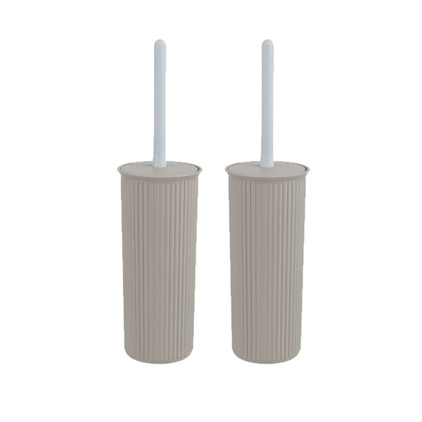 Superio Ribbed Collection - Decorative Plastic Toilet Bowl Brush and Holder Set, Taupe (2 Pack) Cleaner Scrubber for Bathroom