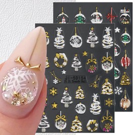 2 Sheets Embossed Christmas Nail Stickers Christmas Lantern Ball Christmas Tree Nail Art Stickers Gold Snowflake Nail Decals 5D Self-Adhesive Xmas Bow Nail Decoration for Women Girls Nail Art Designs