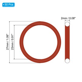 PATIKIL Silicone O-Ring 27mm OD 23mm ID 2mm Width, 50Pcs Metric VMQ Sealing Gasket Replacement for Plumbing Compressor Valves Repair, Red