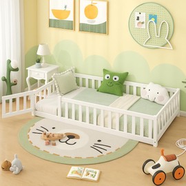 Giantex Twin Floor Bed with Fence for Kids, Wooden Montessori Bed Frame with Lockable Door & Guardrails, Low Floor Beds for Kids, Boys, Girls, No Box Spring Needed, Without Wood Slats, White