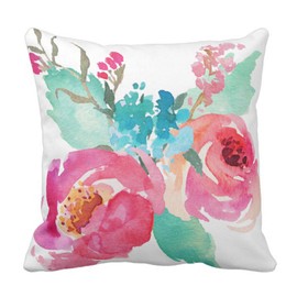 Emvency Throw Pillow Cover Watercolor Peonies Pink Turquoise Summer Bouquet Decorative Pillow Case Girly Home Decor Square 18 x 18 Inch Cushion Pillowcase