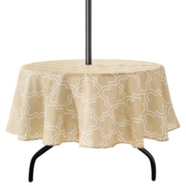 Lamberia Patio Outdoor Indoor 60" 5ft Round Tablecloth with Umbrella Hole and Zipper, Waterproof Table Cover for Backyard Circular Table/BBQs/Picnic (Khaki, 60" Round, Zippered)