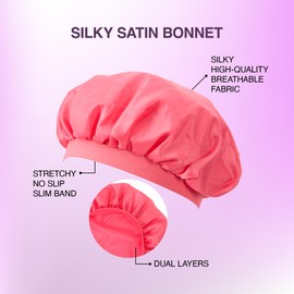 Red by Kiss Silky Satin Hair Bonnet – Dual Layer for Moisture Retention, No-Slip & Comfortable, Breathable Fabric for Hair Protection & Style Maintenance (Slim Band, Pink)