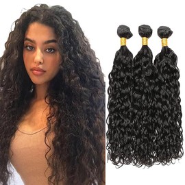 Tuheerst Water Wave Human Hair Bundles Natural Black Human Hair Extensions Real Hair Wefts Bundles 3 Bundles Double Weft Remy Hair for Woman 32 Inches