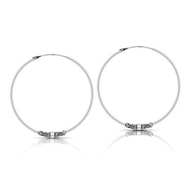 AeraVida Ethnic Balinese Beaded .925 Sterling Silver 40mm Large Hoop Earrings | Balinese Beaded Hoop Earrings | Bali Hoop Earrings, Metal, No Gemstone