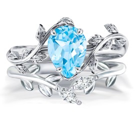 Wasee March Birthstone Ring Set 925 Sterling Silver Aquamarine Ring Pear Shaped Leaf Promise Ring for Her Birthday Anniversary Christmas Jewelry Gifts for Women,Ring Size 7