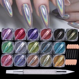 Holographic Chrome Nail Powder Kits 16 Colors Unicorn Iridescent Chrome For Nails Art with Silicone Pen Metallic Mirror Rainbow Effect Gold Silver Pink Blue Black Nail Art Glitter DIY Design for Gel