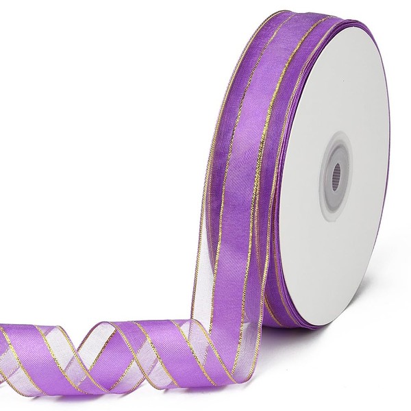 CABODYALS 45.72M 25mm Purple Organza Sheer Ribbon Gold Edge Ribbon