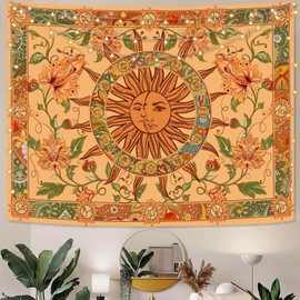 Kanuyee Yellow Sun and Moon Tapestry Vintage Indie Boho Tapestry Wall Hanging with Sunflowers Butterfly Moth Constellation Aesthetic Wall Tapestries for Room Decor (50''high × 60''wide)