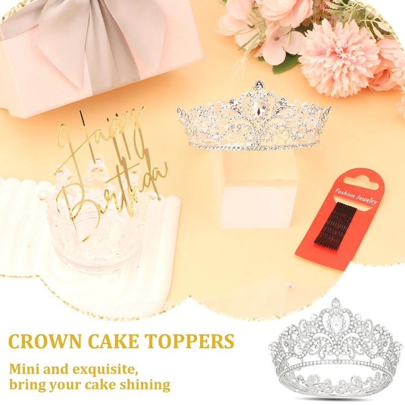 YARIEW Small Silver Crown and Happy Birthday Cake Topper Flower