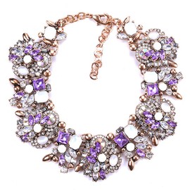 Zthread Bib Statement Necklace Colorful Glass Crystal Collar Choker Necklace for Women Fashion Accessories (Purple + White)