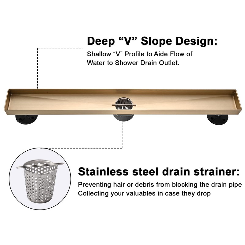 AVSIILE Linear Shower Floor Drain, Brushed Gold 30 Inch 304