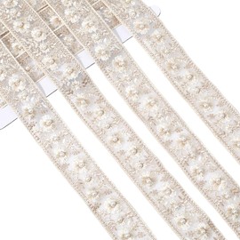 CABODYALS White Embroidered Floral Lace Ribbon with Pearl Bead Webbing Fabric Polyester Boho Jacquard Trim Tape Flower Embroidery Applique Ribbons for Sewing Making Clothes Dress Accessories DIY Craft