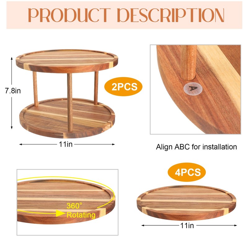 Reallnaive 6 Pcs 11" Acacia Wood Lazy Susan Organizer Set,