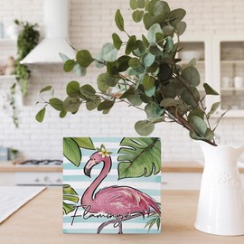 FLVGE Pink Flamingos Wooden Box Sign Desk Decor, Summer Bathroom Decor, Flamingo Sign Summer Rustic Home Shelf Wall Decoration, Flamingo Gifts 5x5 Inch