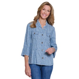 MULTIPLES Women's 3/4 Flounce Sleeve 2-Pocket Button Front Peplum Jacket, Denim Print