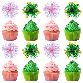 Geelin 40 Pcs Witch Themed Foil Firework Cupcake Toppers Pink & Green Sparkle Tinsel Cupcake Decorations with Magic Wand Designs for Witch Parties Princess Birthday Parties Enchanted Themed Events