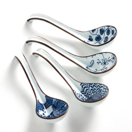 Ceramic Asian Soup Spoons, Easy to Hold, Long Handle Perfect Depth Spoon Set for Japanese Ramen Noodles, Chinese Dumpling, Pho, Miso, Wonton, Dishwasher Safe -Set of 4 - Blue