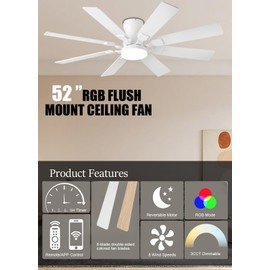 JSAITEE 52 inch Ceiling Fan with Light, 6 Speeds Reversible Low Profile Ceiling Fan with Light and Remote/APP Control, 3 Color Temp+Dimmable RGB, 8 Blades, Flush Mount Quiet Ceiling Fans, White