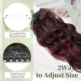 KooKaStyle Invisible Wire Hair Extensions with Transparent Headband Adjustable Size 4 Secure Clips Long Wavy Secret Wire Hairpiece 20 Inch Burgundy mix Dark Brown for Women