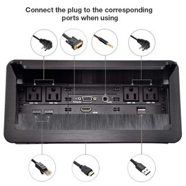 Conference Table Connectivity Box with 4 AC Power + 2 RJ45（CAT6） + 1 Audio 3.5mm + 1 VGA + 1 HDMI + 2 USB Charger with 5.58ft Power Cord … (Black)