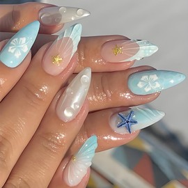 24Pcs Summer Press on Nails Medium Almond Fake Nails Blue Gradient French Tip False Nail with Gold Starfish Charms Design 3D Water Ripple Glue on Nails White Hibiscus Flower Stick on Nail for Women