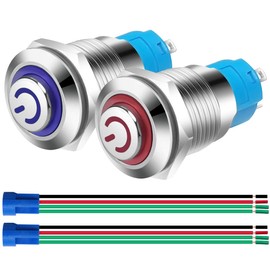 Gebildet 2pcs 12mm 230V AC 3A Stainless Steel Self-locking Latching Push Button Switch Power Symbol LED Normally Open SPST ON Off Waterproof Toggle Switch with Wire Socket Plug (Blue+Red,High Head)