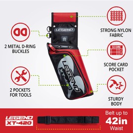 Legend XT420 Archery Field Quiver for Arrows - Archery Hip Quiver with Belt, 3 Arrow Compartments - Storage Pocket for Archery Accessories - Durable Nylon Material - 5.25"x1.5"x16" Red - Right-Handed