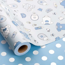 MAYPLUSS Newborn Baby Wrapping Paper Roll - 17Inch x 33Feet - Cute Baby Blue Boy Snapsuit and Bottles Design Gift Wrap Baby Shower Presents Sheet for New Baby, Birthday, Celebration and Party