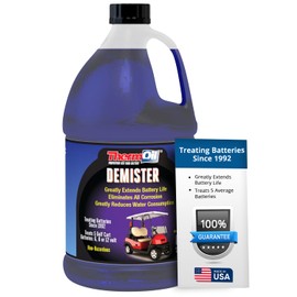 Thermoil® De-Mister Eliminates Golf Cart Battery Corrosion Greatly Extends Battery Life Greatly Reduces Water Consumption & Toxic Fumes Treats Five 6, 8, or 12 Volt Battery. Made in USA