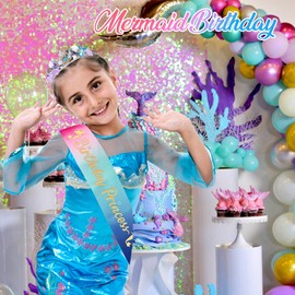 CIEHER Mermaid Crown and Birthday Princess Sash for Women Girls Birthday Girl Sash Mermaid Tiara Mermaid Birthday Decorations Princess Birthday Party