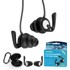 Swimming Ear Plugs, 2 Pairs Waterproof Reusable Silicone Earplugs with Cord & Case for Swimming, Shower, Bathing, Surfing, Pool and Water Sports, Comfortable Fit for Adults, Teens & Kids 9+