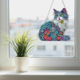 SENQAO Cat Hanging Diamond Art Painting Kits for Adults Beginners, 5D Special Shape Diamond Art Kits, Cat Crystal Rhinestones Diamond Gem Art Painting for Home Garden Wall Decor