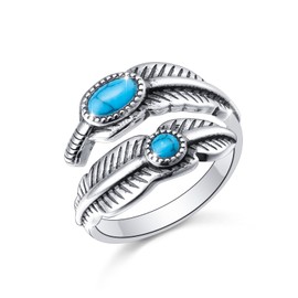 925 Sterling Silver Ring Adjustable Turquoise Feather Ring Stacking Ring Vintage Statement Ring for Women Men