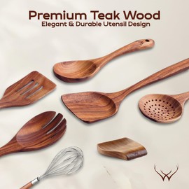 7 Pcs Teak Wooden Kitchen Utensils – Handcrafted Wooden Cooking Utensils Set with Holder, Elegant Wooden Spoons for Cooking & Timeless Utensil Set for Daily Use - Teak Utensils Set for Cooking