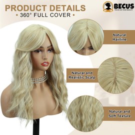 BECUS Blonde Hair Toppers for Women with Thinning 20 Inch Long Wavy Curly Synthetic 360° 3D Realistic Topper with Bangs Hair Pieces Fluffy Wispy Clip in Bangs