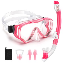 HIKOTEY Snorkeling Set for Kids, Full Dry Snorkeling Mask Set for Adults, Anti-Fog Protection, Unisex,HD Panoramic View, Snorkeling Gear for Kids 2-14 Age (Transparent+Rose Red)