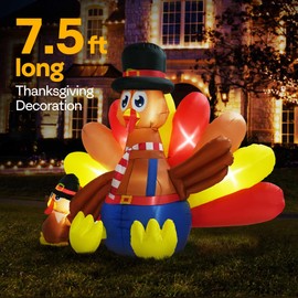 VIVOHOME 7.5ft Long Thanksgiving Inflatable LED Lighted Turkey with Chick Blow up Outdoor Lawn Yard Decoration