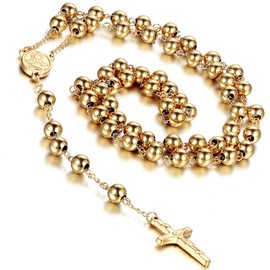 Flongo Womens Men's Stainless Steel 8mm Beads Gold Jesus Christ Crucifix Cross Rosary Pendant Necklace, 37 inch