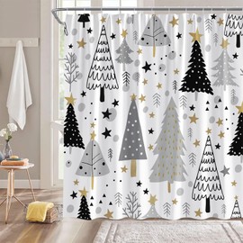 Christmas Tree Shower Curtain Black Gray Cute Cartoon Xmas Tree Stars Vintage Rustic Winter Holiday Merry Christmas Bathroom Decor Fabric Curtain with Hooks,70" WX70 H Inches