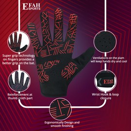 EFAH SPORTS Baseball Batting Gloves for Youth Adult Mens Kids Boys Padded Comfortable Softball Batting Gloves with Super Grip Finger Fit Palms (RED, Adult Medium)