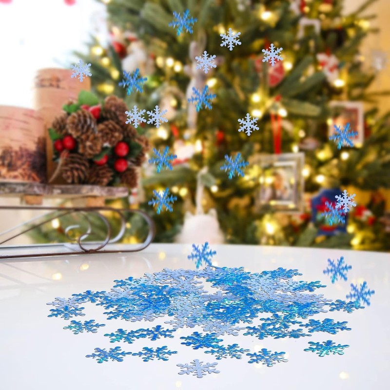 300 Pcs Blue Christmas Snowflake Ornaments Plastic Glitter Snow Flakes