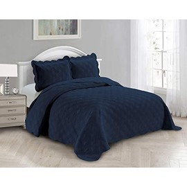 Fancy Linen 3pc Embossed Coverlet Bedspread Set Oversized Bed Cover Solid Modern Squared Pattern New # Jenni (King/California King, Navy Blue)