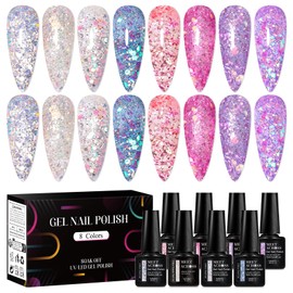 MEET ACROSS Glitter Sequins Gel Nail Polish Sliver Pink Purple Blue Sparkly Gel Polish Set Long Lasting Shiny Soak Off UV/LED Nail Gel Nail Art Manicure Kit 8 Colors