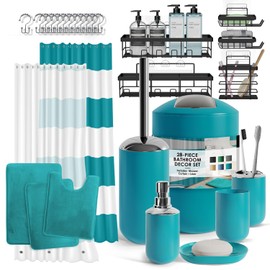 Clara Clark Bathroom Accessories Set - 28PC Bathroom Set with Adhesive Corner Shower Caddy Hanging, Bathroom Sets with Shower Curtain and Rugs, Teal Shower Curtain Set with Bathroom Trash Can