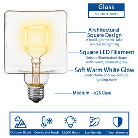 Festive Living LED Cube Light, Unique Edison Bulb with Square Filament, Large Decorative Lamp, String, or Pendant Bulb, E26 Medium Base, 5W (50 Watt Equivalent) 2700K Warm White, Clear Coated Glass