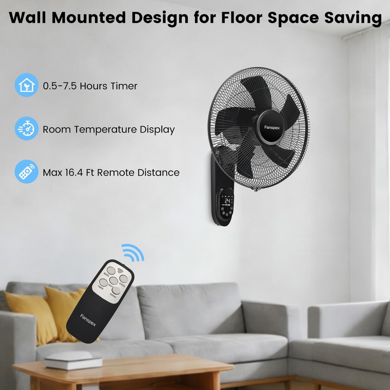 Fanspex 16" Wall Mounted Fan with Auto-oscillation, Timer, Adjust Wind